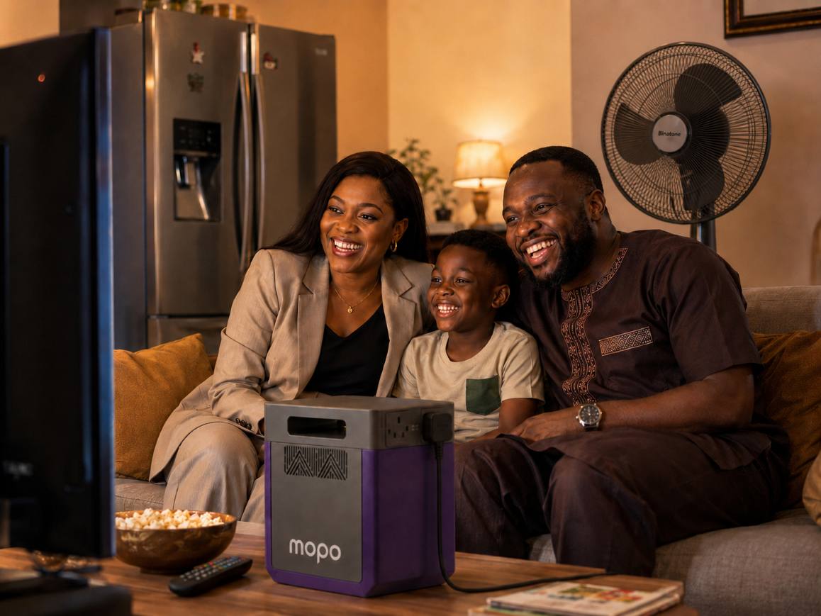 A Lagos family relaxing at home with the lights on, powered by a MOPOPlus unit